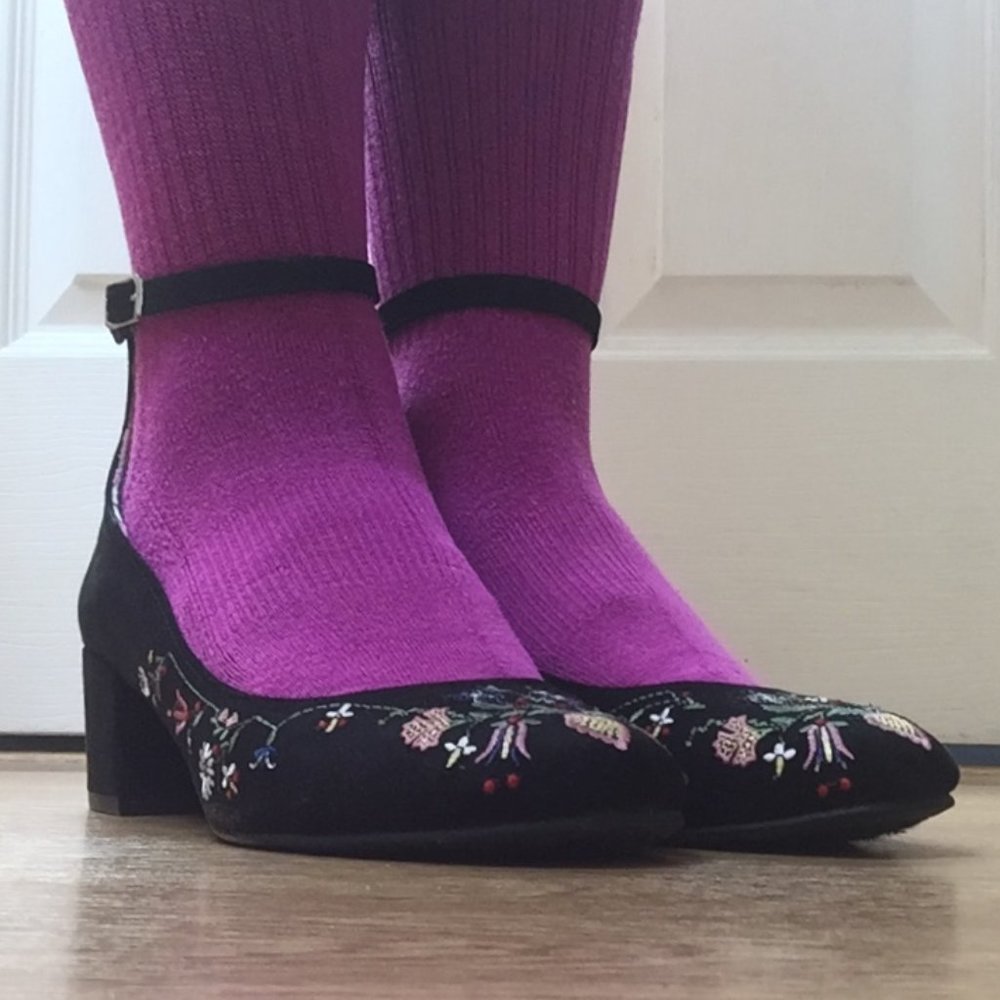 Black velvet, colorful ethnic embroidery, low chunky heel shoes with ankle strap